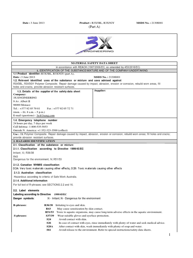R3X5BL & R3X5GY MSDS Overview | PDF | Dangerous Goods | Safety