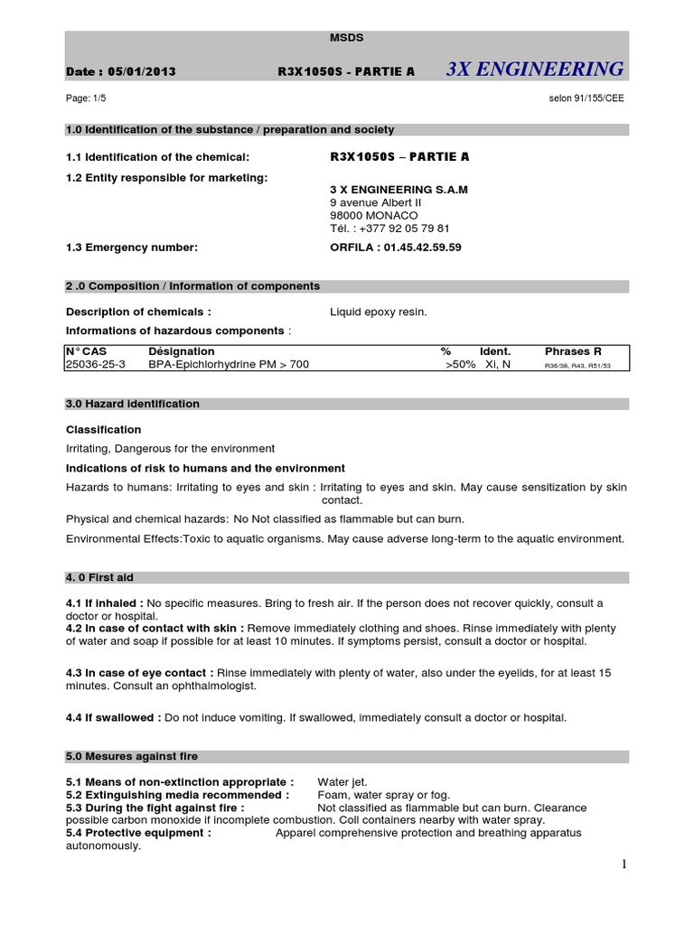 MSDS for R3X1050S Epoxy Resin | PDF | Toxicity | Materials