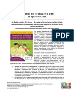 Boletín 036_ La Gobernación Del Cauca - Secretaría Departamental de Salud, Decididamente Promueven, Protegen y Apoyan La Práctica de La Lactancia Materna