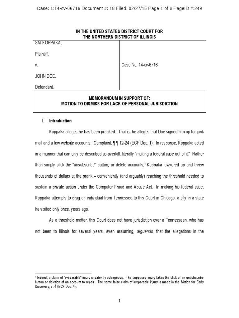 Memorandum in Support of Motion to Dismiss for Lack of Jurisdiction