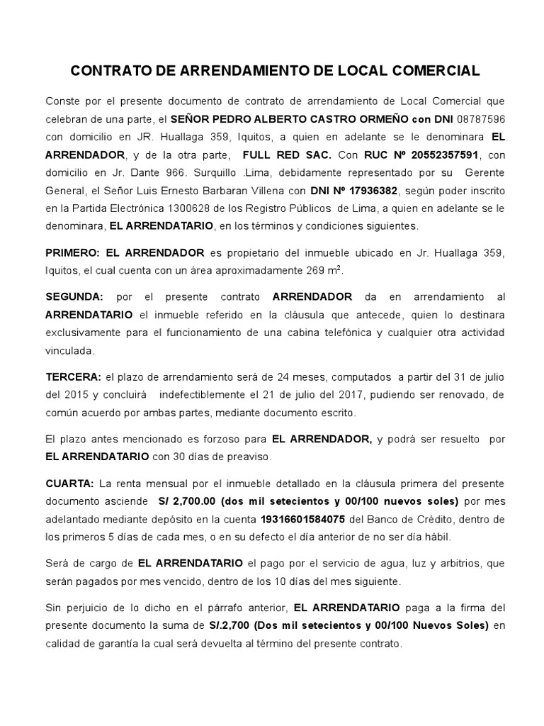 Contrato de Arrendamiento de Local Comercial Alquiler