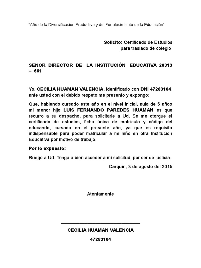 Solicitud Traslado De Colegio