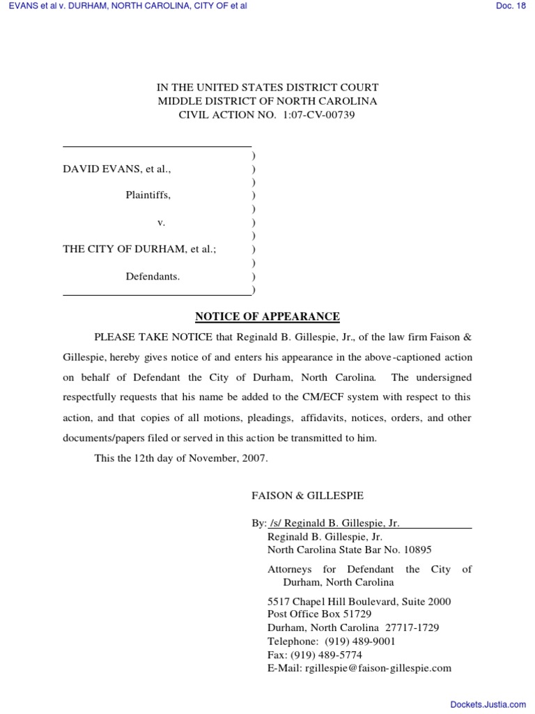 EVANS Et Al v. DURHAM, NORTH CAROLINA, CITY OF Et Al Document No. 18