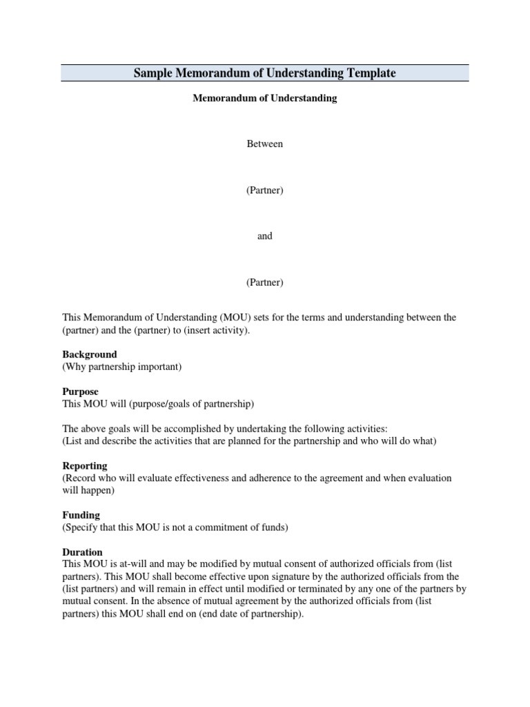 Sample MOU Template  PDF Pertaining To Template For Memorandum Of Understanding In Business