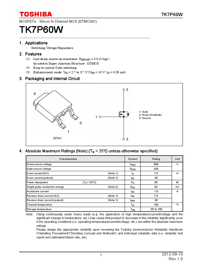 datasheet tk7p60w | Field Effect Transistor | Mosfet