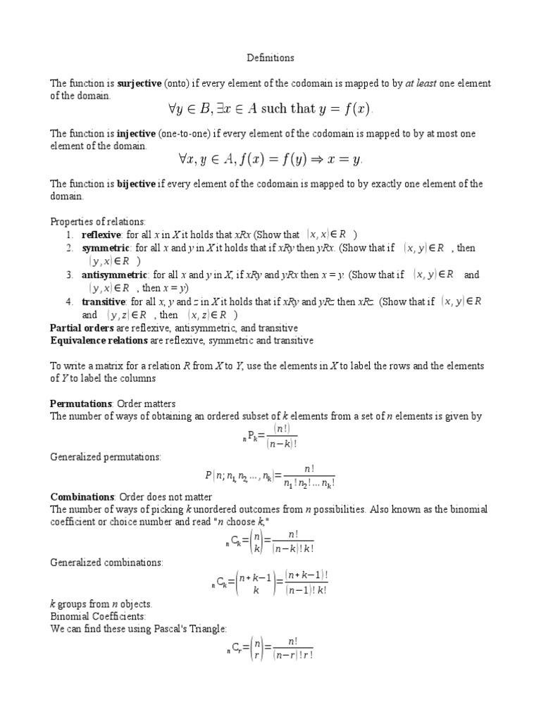 Discrete Mathematics Cheat Sheet Mathematical Relations Discrete