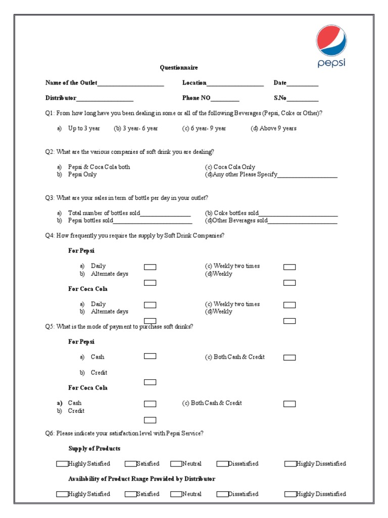 Questionnaire Coca Cola Pepsi