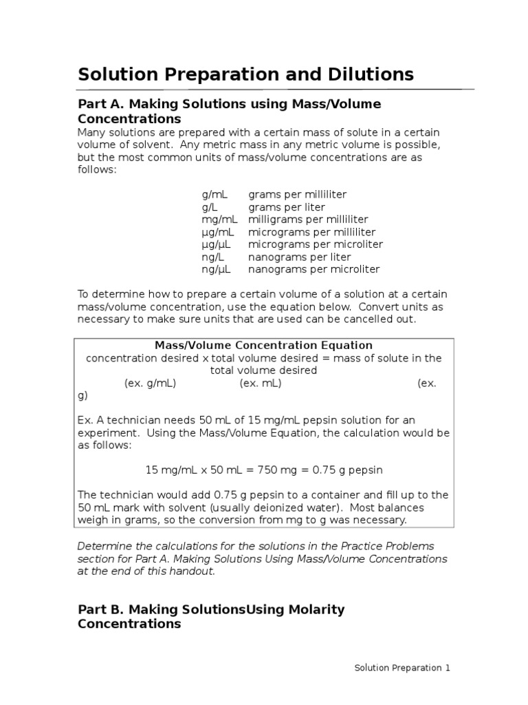 Solution Preparation and Dilutions PDF Molar Concentration Mole (Unit)