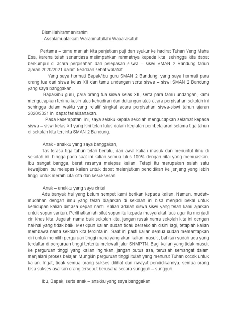 Sambutan Kepala Sekolah Di Acara Perpisahan Docx