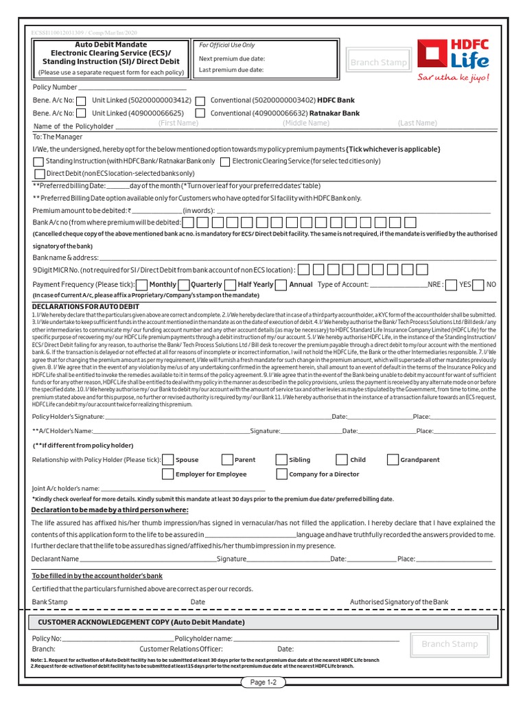 Mandate Form for Auto Debit HDFC elife Debit Card Insurance