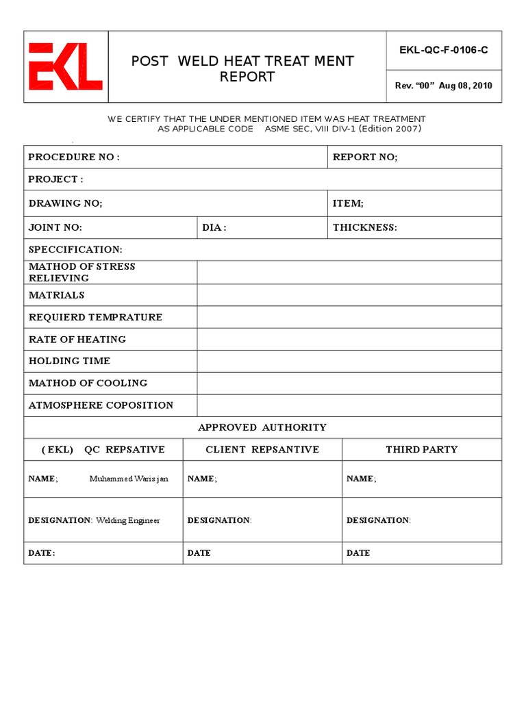 EKLQCF0106C Post Weld Heat Treatment Report