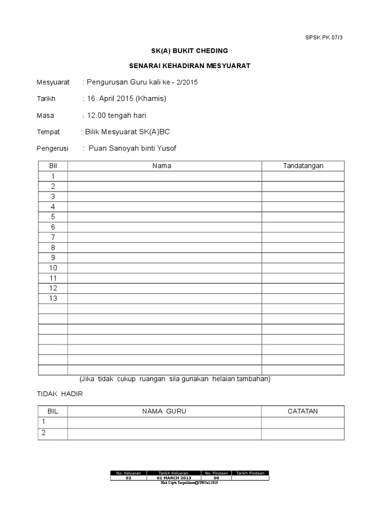 Borang Kehadiran Mesyuarat Pdf