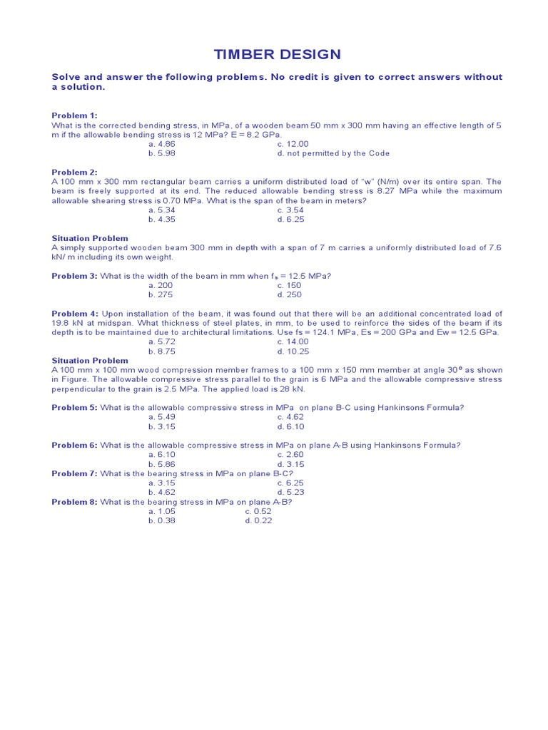 Timber Design Problems and Solutions | PDF | Bending | Stress (Mechanics)