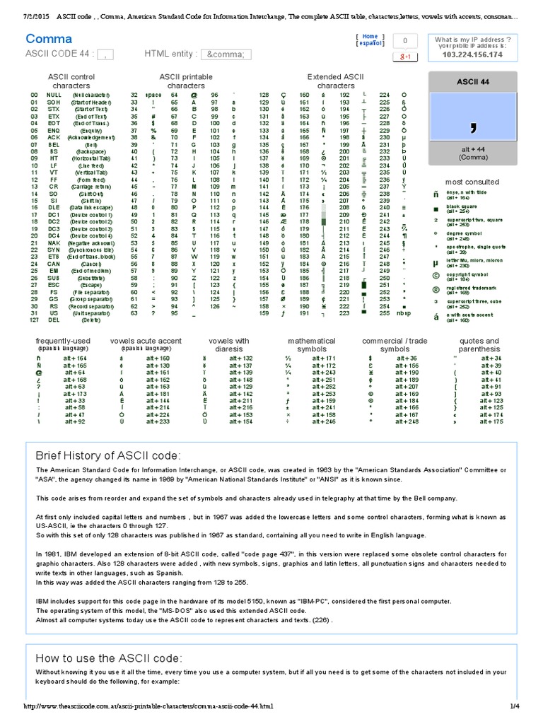 Comma: Brief History of ASCII Code | PDF | Ascii | Typographical Symbols