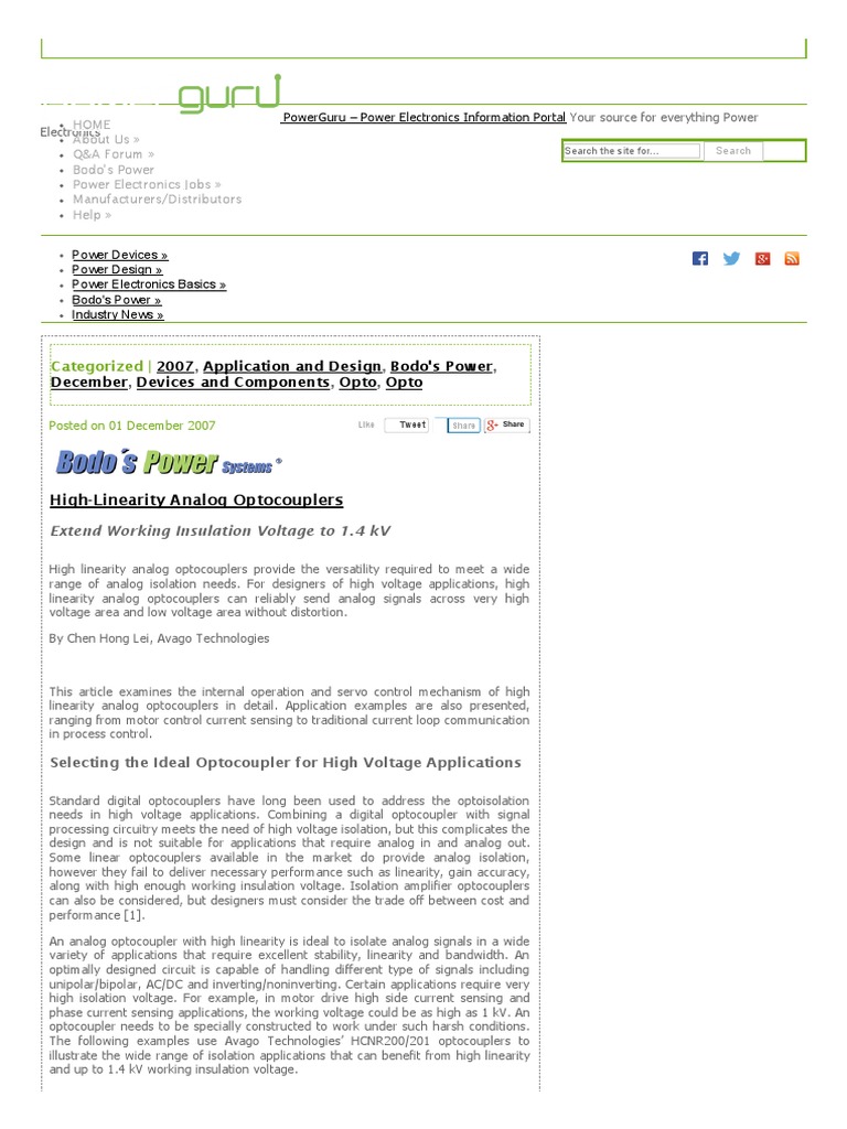 High-Linearity Analog Optocouplers - PowerGuru - Power Electronics ...