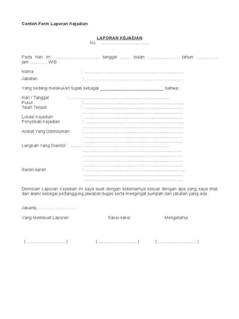 Contoh Form Laporan Kejadian