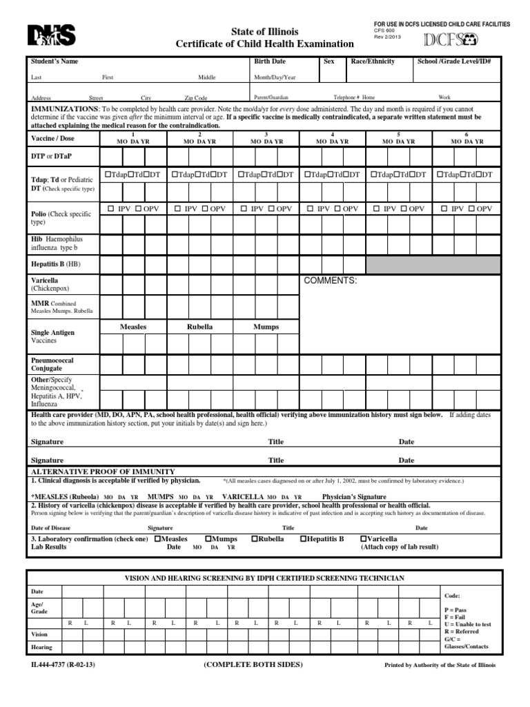 Illinois Child Health Examination Form | PDF | Vaccines | Immunology