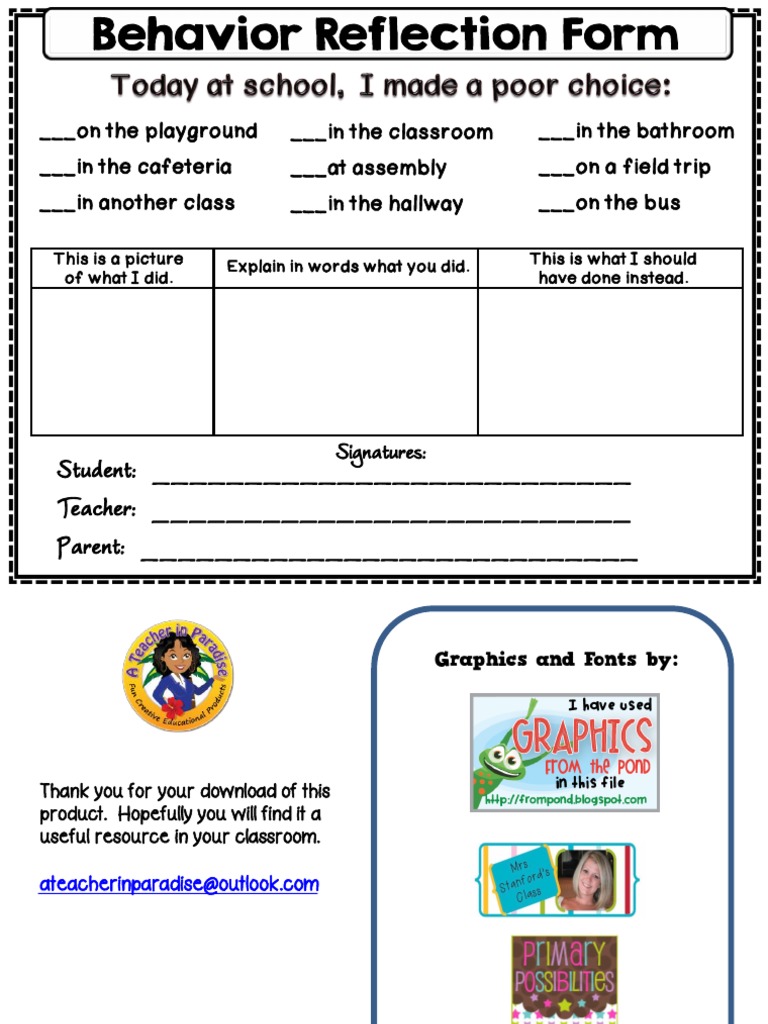 Classroom Behavior Reflection Template | PDF