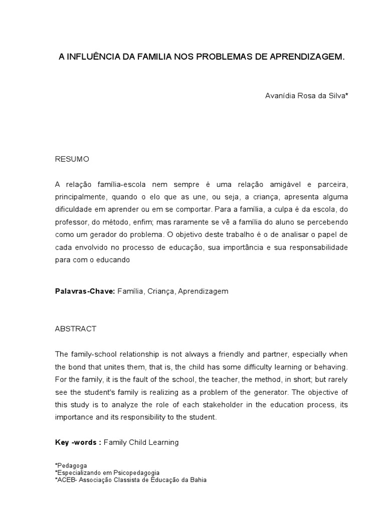 Influência Familiar na Aprendizagem | PDF | Família | Aprendizado