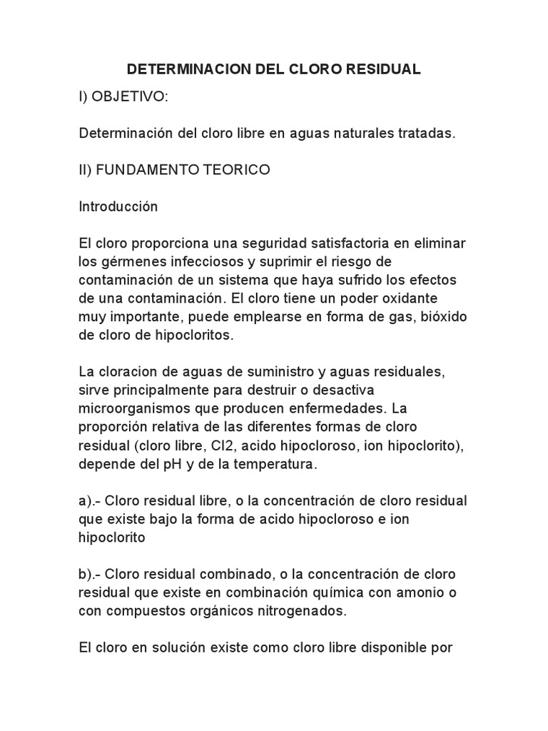 Determinacion Del Cloro Residual PDF Cloro Ciencias fisicas