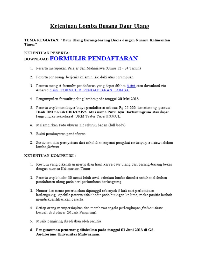 Format Penilaian Lomba Fashion Show Daur  Ulang  Guru Paud