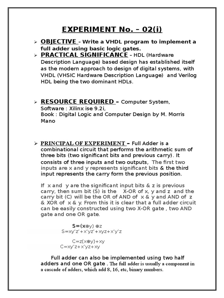 VHDL Full Adder Implementation Guide | PDF | Technology & Engineering