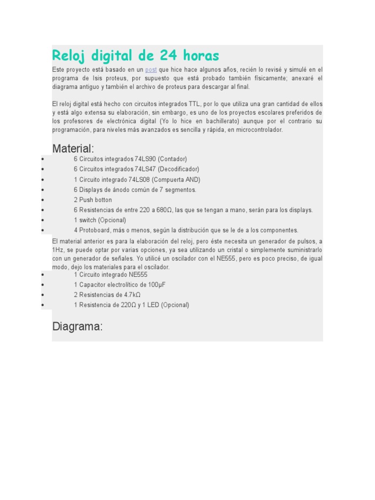 Reloj Digital 24 Horas en Protoboard | PDF | Reloj | Circuito integrado