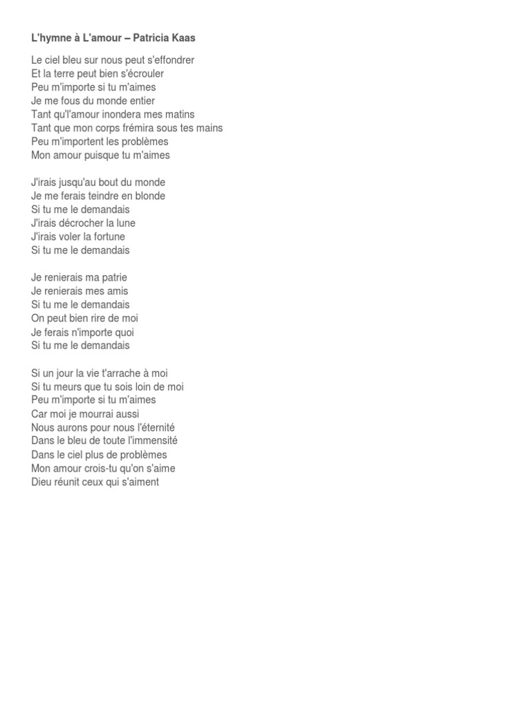 L Hymne A L Amour Paroles