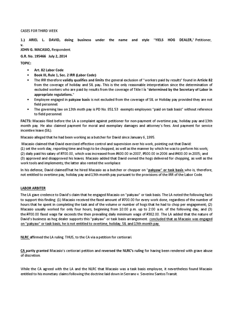 Labor Case: Macasio vs. David Ruling | PDF | Overtime | Employment