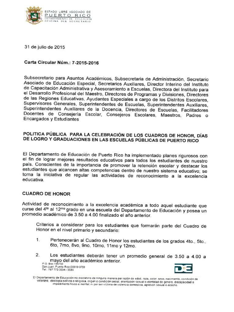 Carta Circular Núm.: 7-2015-2016 Celebración de los 