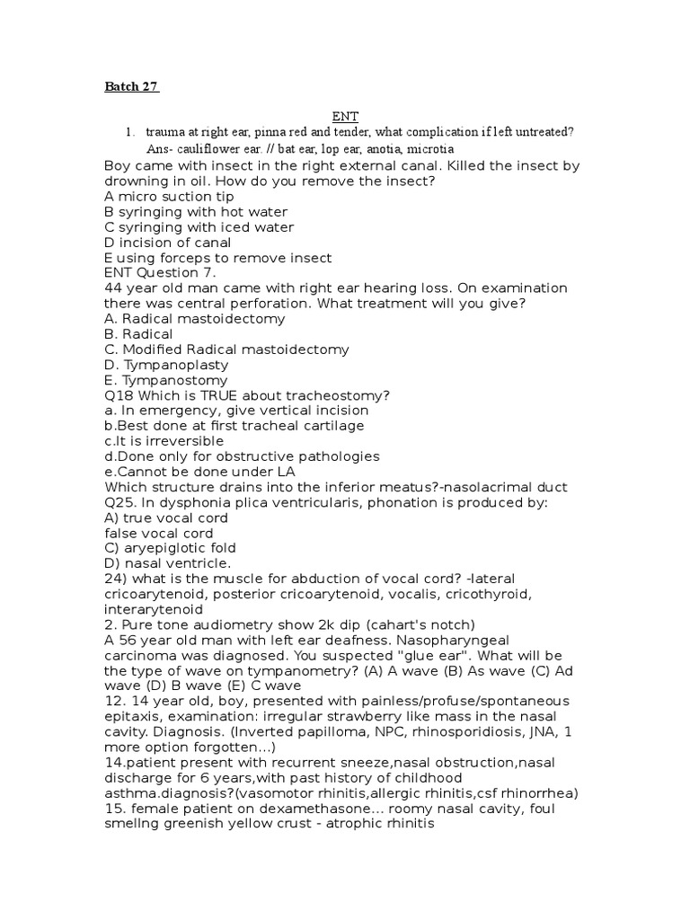 ENT Examination Questions and Answers | PDF | Ear | Otorhinolaryngology