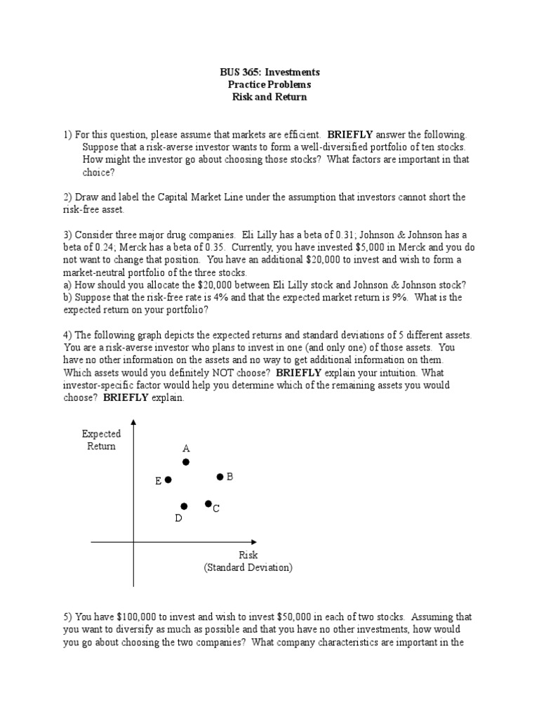 BUS 365 Investments Practice Problems Risk and Return PDF Beta