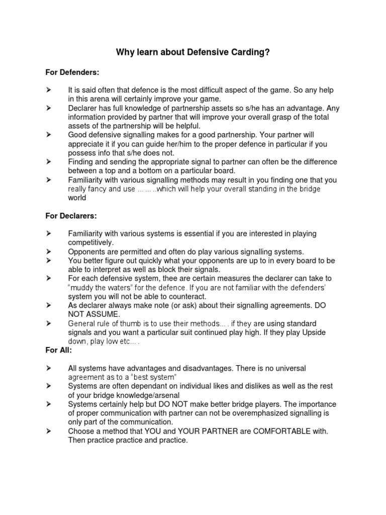 Defensive Carding Signals PDF French Deck Card Games Ephemera