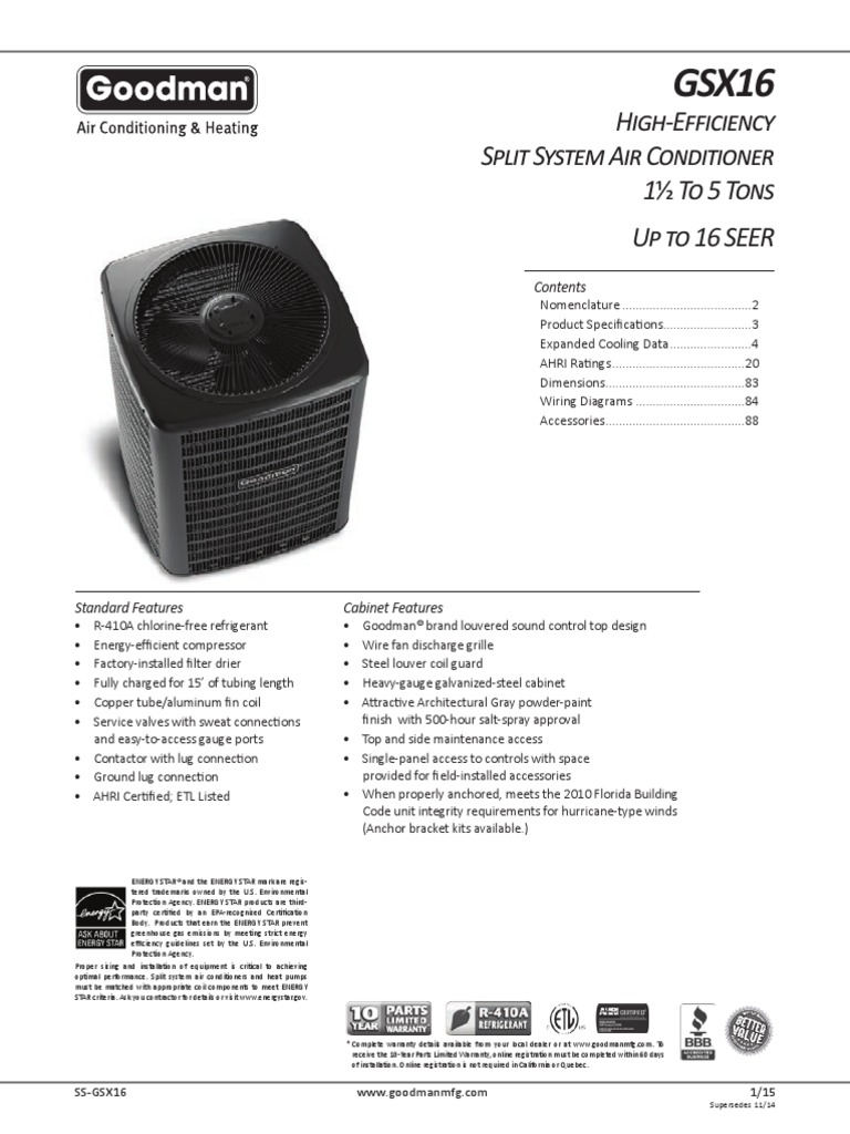 Goodman GSX16 Specifications Sheet Home Appliance Air Conditioning