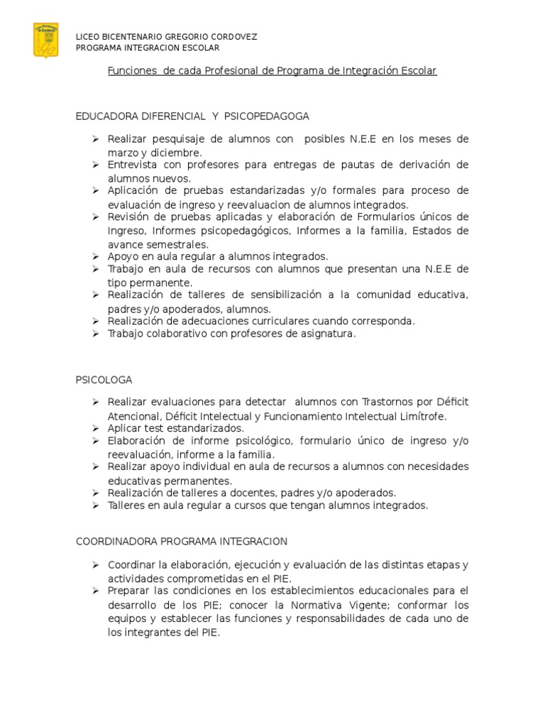 Programa de Integración Escolar PIE | PDF | Maestros | Evaluación