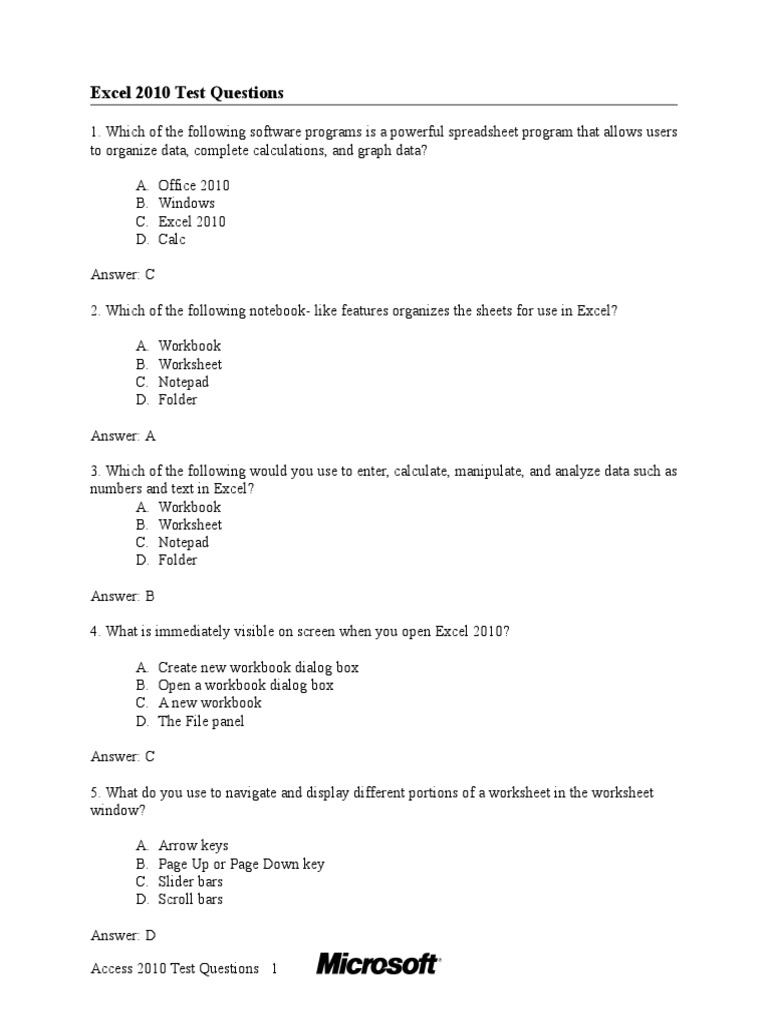 Excel Test Questions Keyboard Shortcut Microsoft Excel