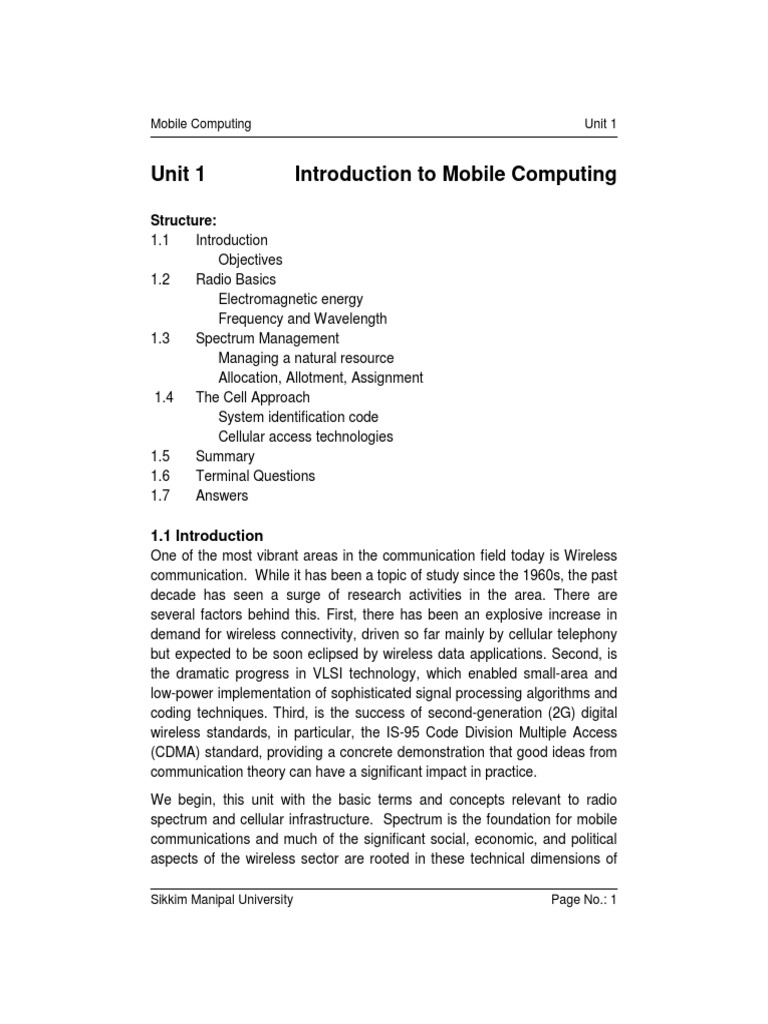 Unit 1 Introduction To Mobile Computing: Structure | PDF | Code ...