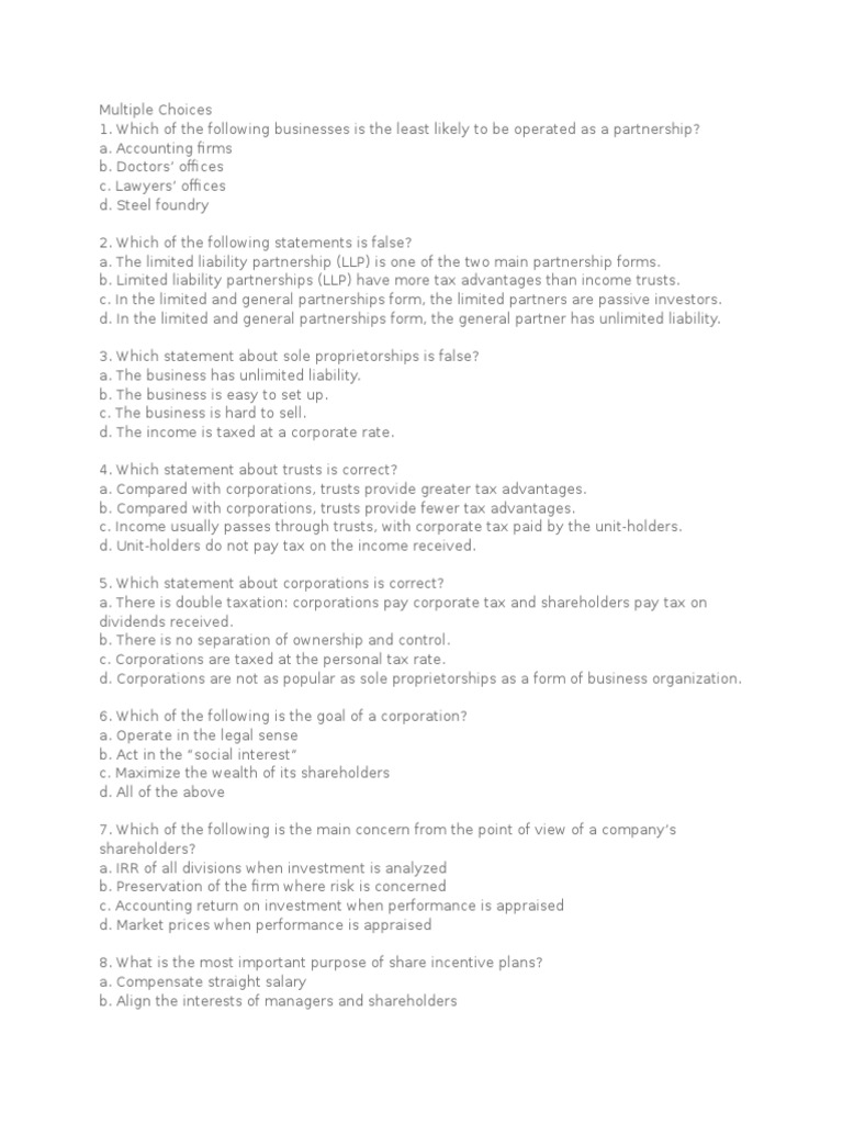 Business Structure Quiz: Partnerships & Corporations | PDF | Limited ...