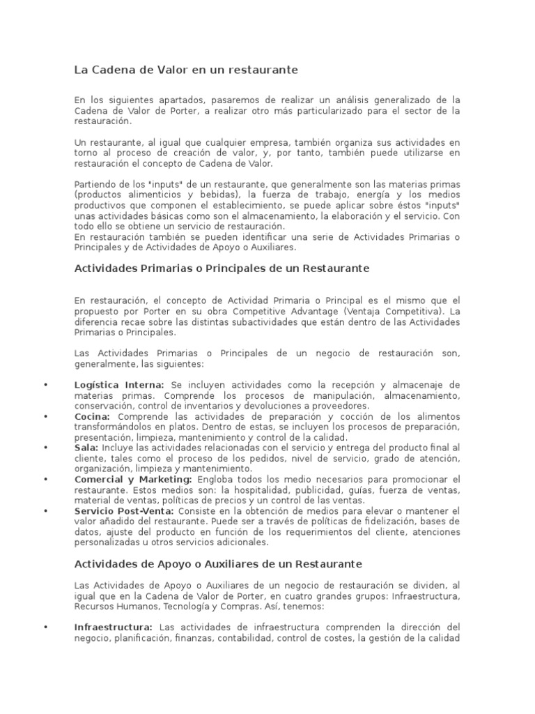 Cadena de Valor en Restaurantes | PDF | Cadena de valor | Benchmarking
