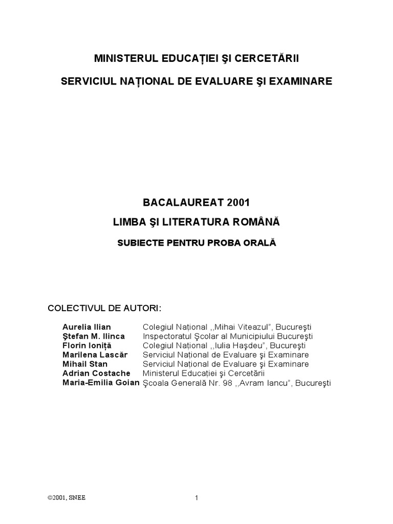 Subiecte Limba Romana Bacalaureat Oral