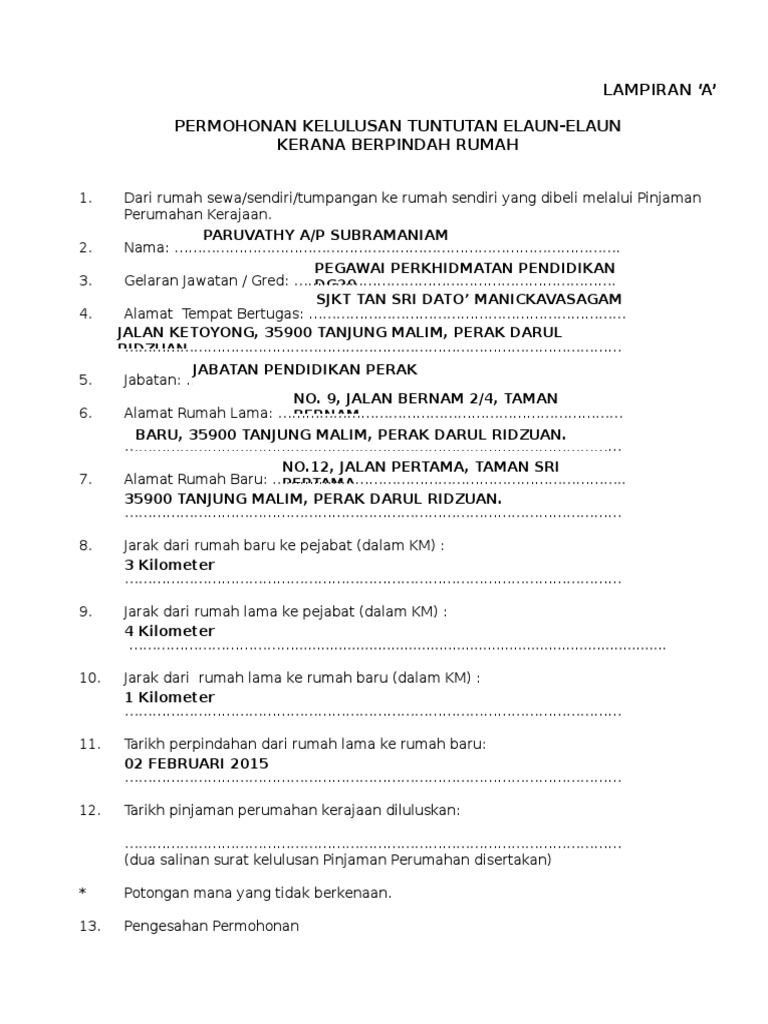 Permohonan Kelulusan Tuntutan Elaun Kerana Berpindah Rumah Pdf