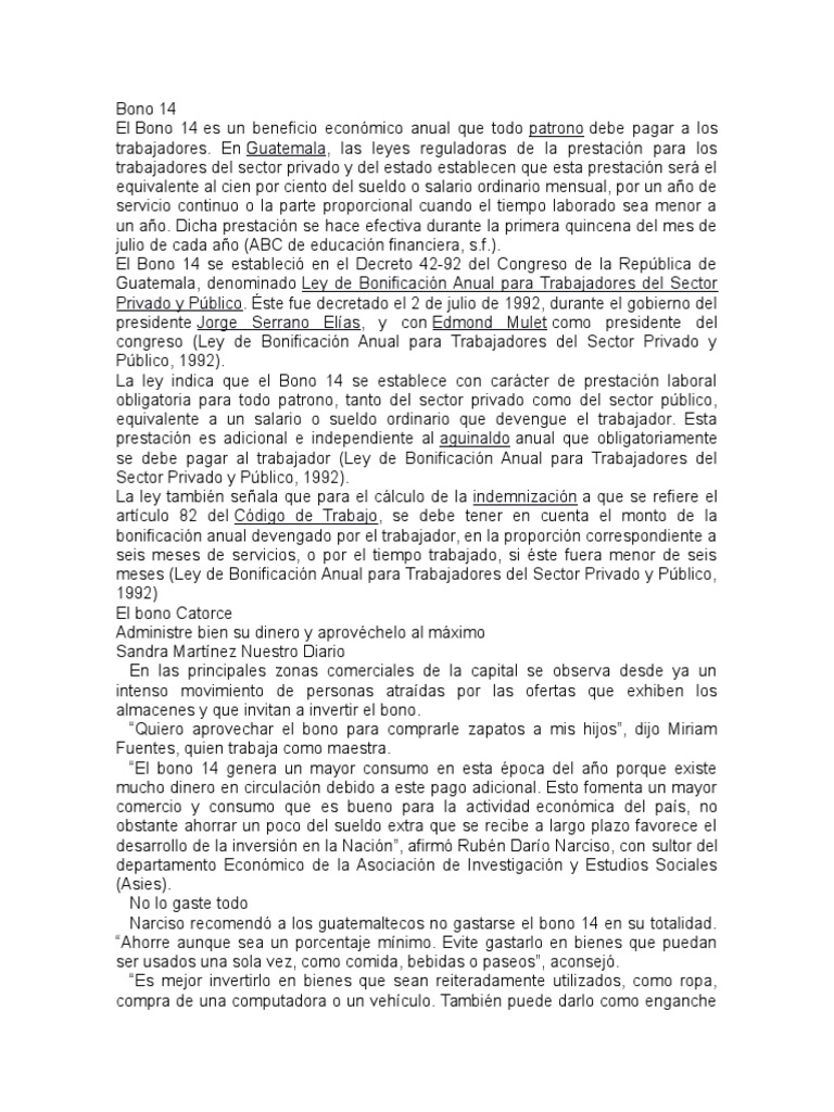 Bono 14: Pago y Beneficios en Guatemala | PDF | Salario | Guatemala