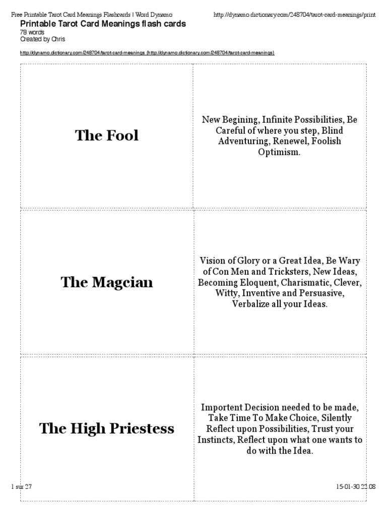 Free Printable Tarot Card Meanings Flashcards - Word Dynamo | PDF | Love |  Psychological Concepts