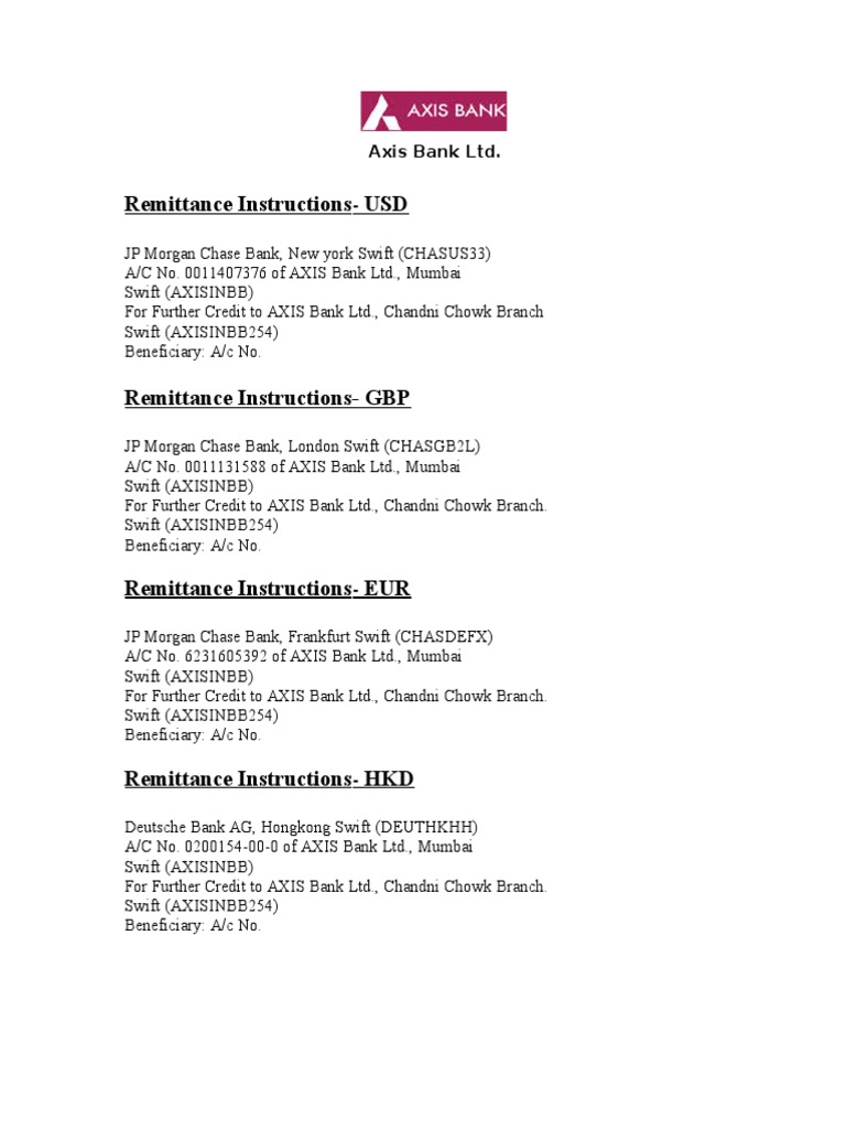 Axis Bank Remittance Instructions | PDF