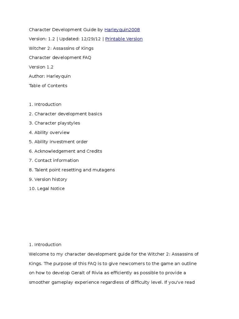 Character Development Guide Witcher 2 | Download Free PDF ...