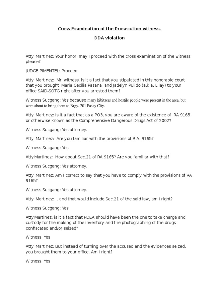 Cross Examination: RA 9165 Violation | PDF | Witness | Legal Procedure