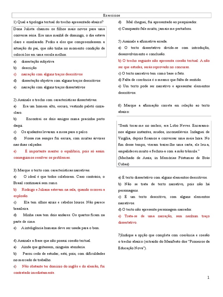 Exercícios De Tipologia Textual Para Concursos Com Gabarito