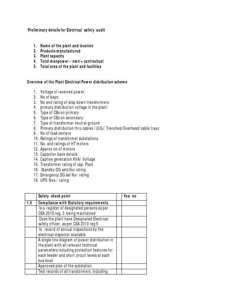 Questionnaire For Safety Audit PDF Electric Power Distribution