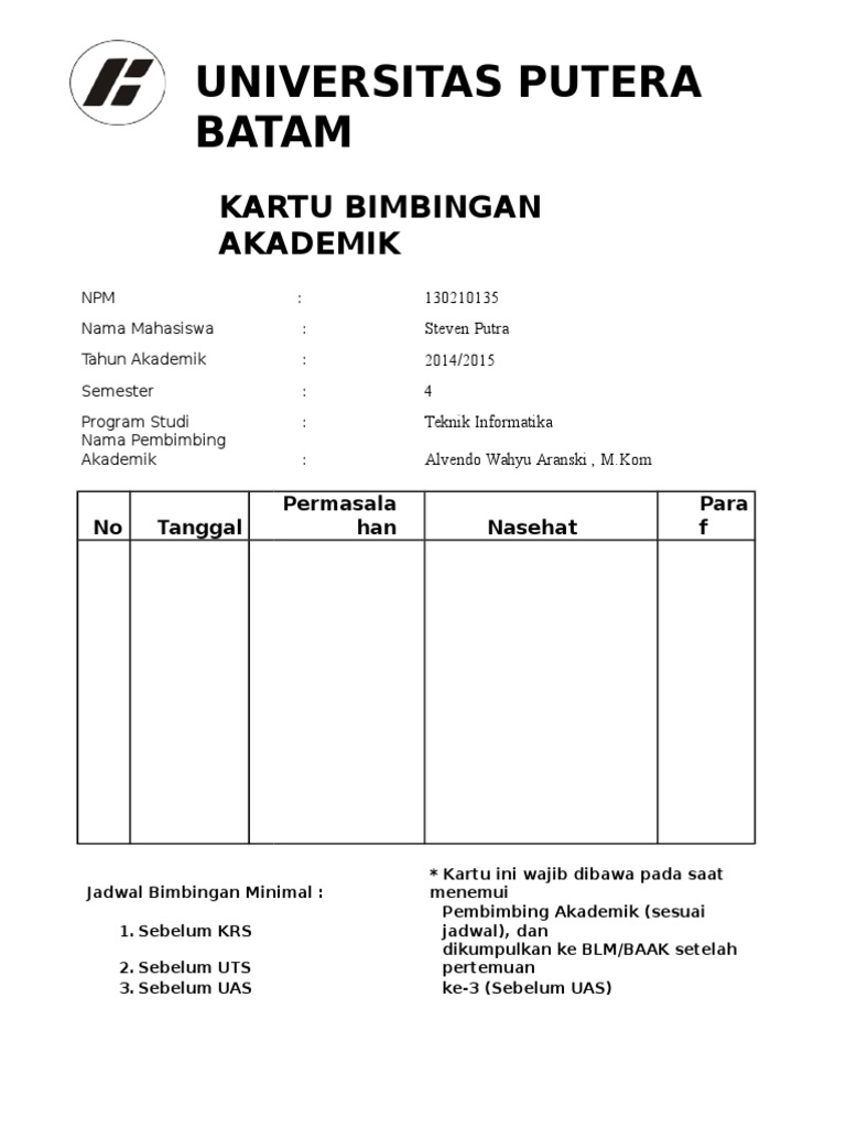 Kartu Bimbingan Akademik UPB