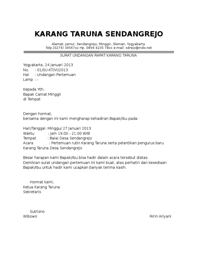 Surat Undangan Rapat Karang Tarunadoc Contoh Semua Jenis Surat Undangan